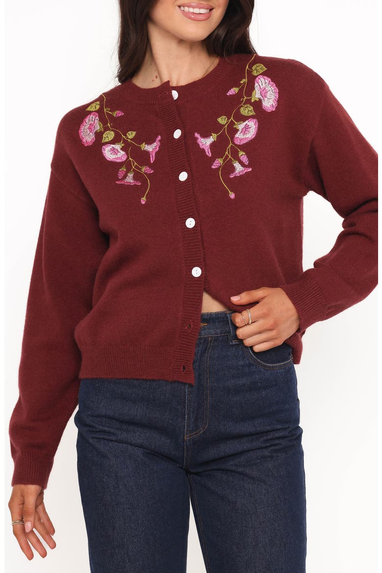 Brittany Floral Embroidered Cardigan Sweater, Main, color, BURGUNDY