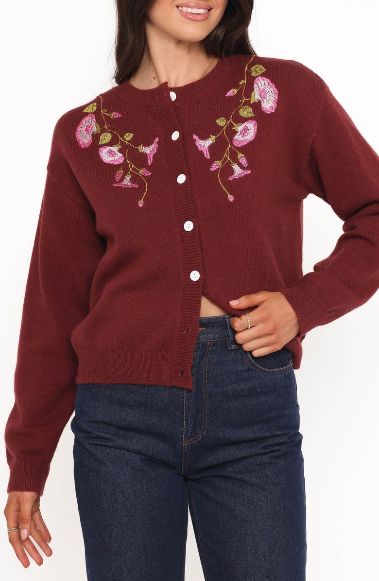 Petal & Pup Brittany Floral Embroidered Cardigan Sweater, Main, color, Burgundy