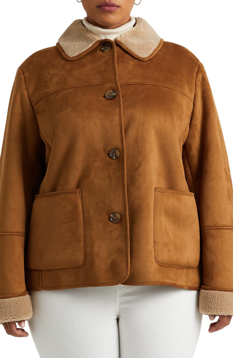 Lauren Ralph Lauren Faux Suede Jacket with Faux Shearling Trim, Main, color,