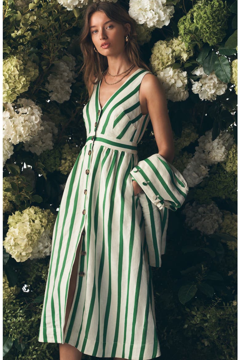 Catherine Stripe Button-Up Midi Dress, Alternate, color, GREEN IVORY STRIPE