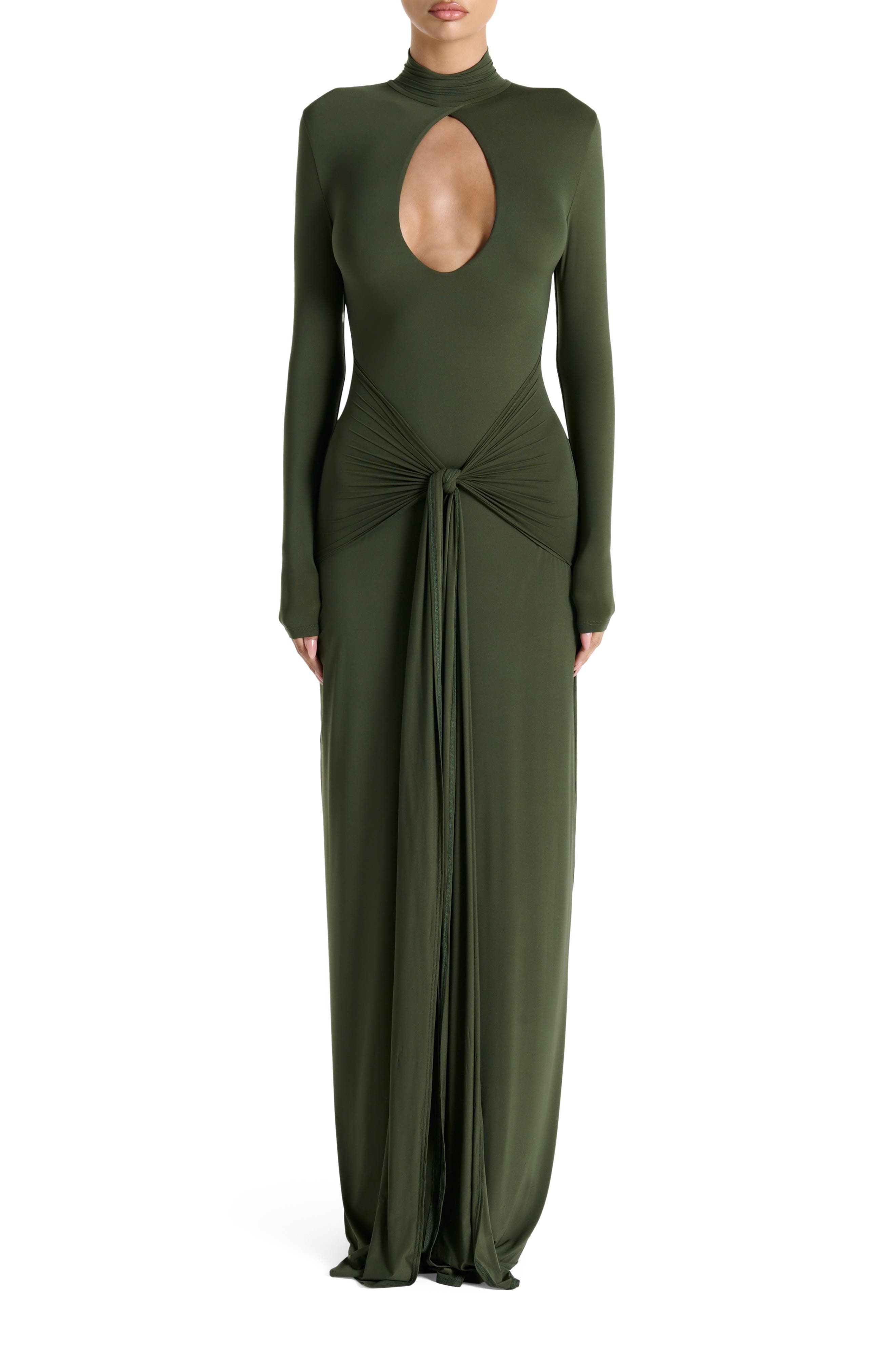 Naked Wardrobe Cutout Tie Front Long Sleeve Maxi Dress