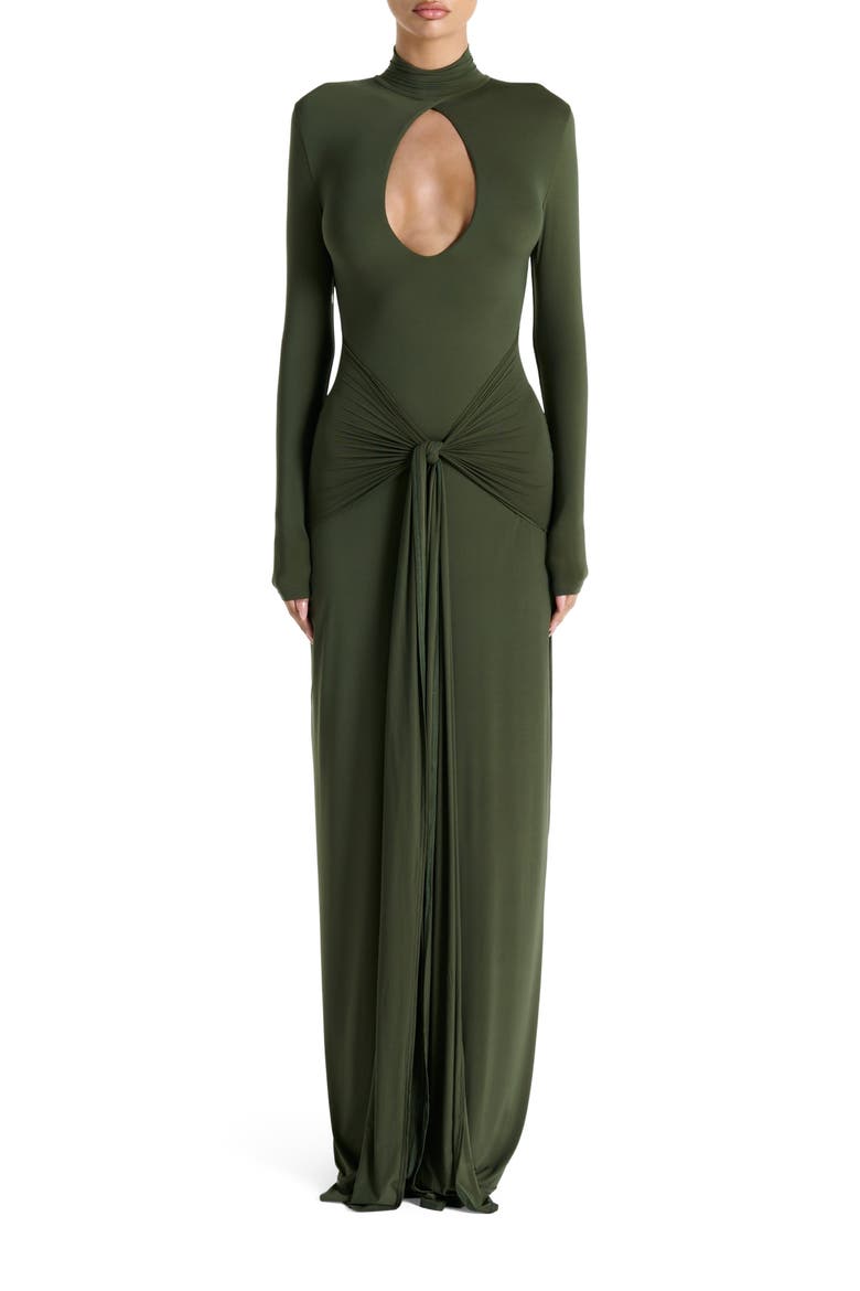 Cutout Tie Front Long Sleeve Maxi Dress, Main, color, DARK OLIVE