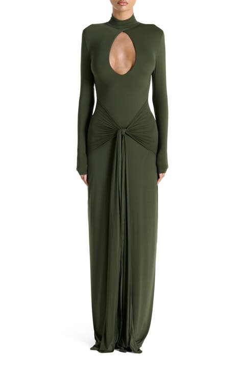Cutout Tie Front Long Sleeve Maxi Dress