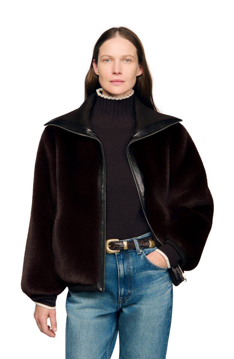 SANDRO Short faux fur coat, Main, color, Brown