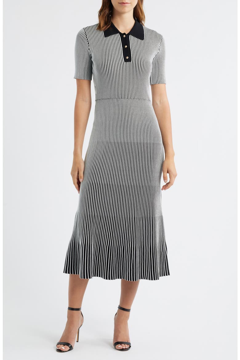 Collared Short Sleeve Ribbed Sweater Dress, Main, color, BLACK/ IVORY