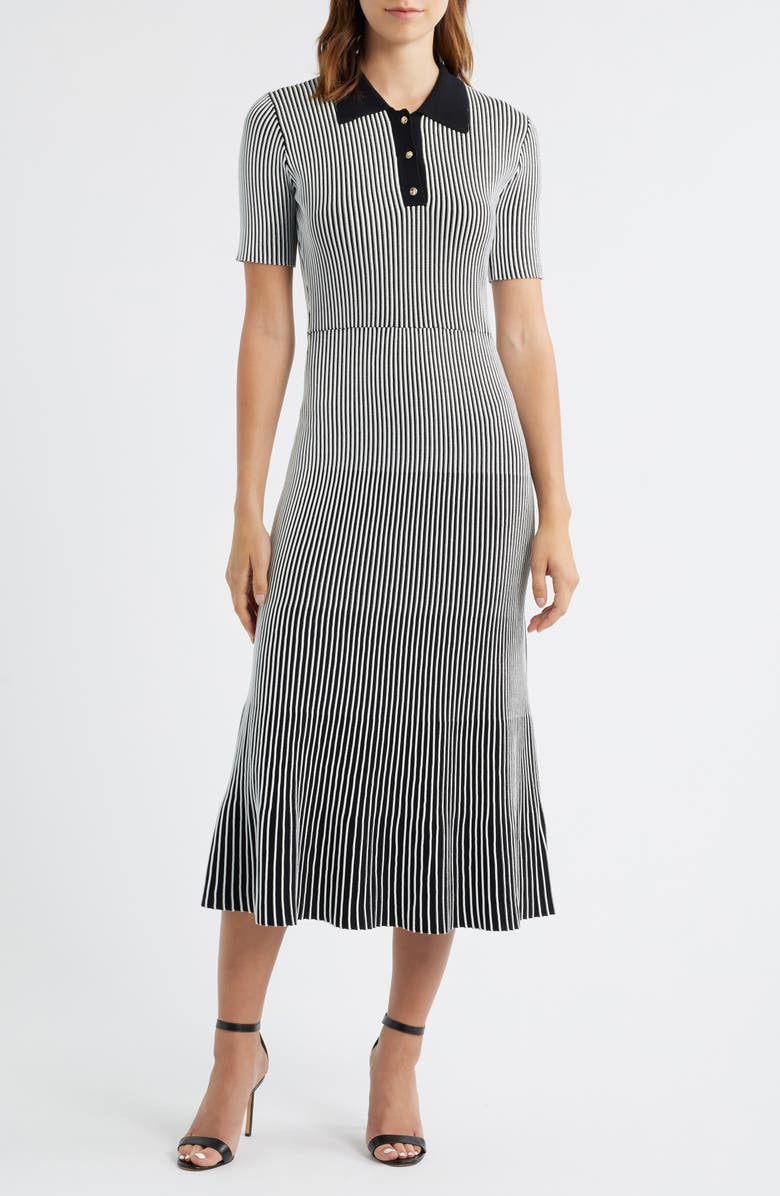 ZOE AND CLAIRE Collared Short Sleeve Ribbed Sweater Dress, Main, color, Black/ Ivory