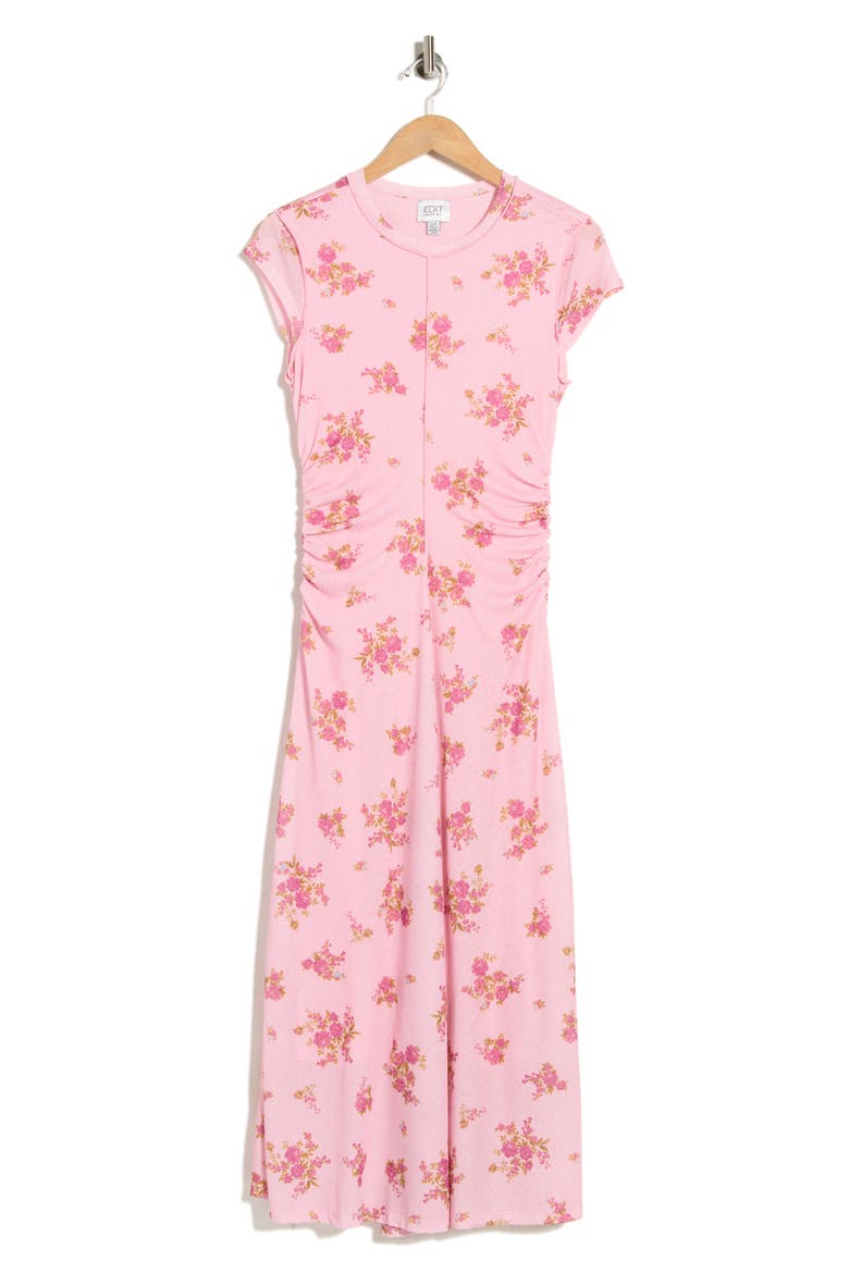 Ruched Midi Dress, Alternate, color, PINK ROSES