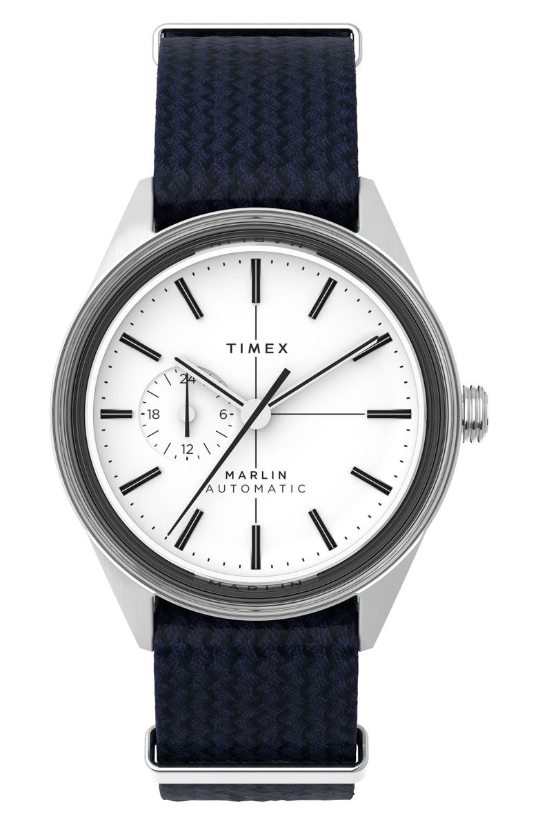 Timex<sup>®</sup> Marlin Jet Automatic Fabric Strap Watch, 38mm, Main, color, Blue
