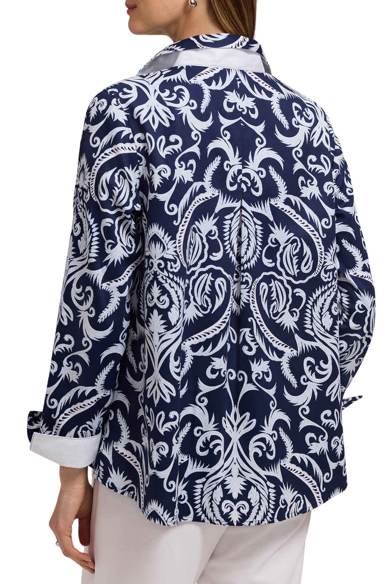Agnes Florentine Damask Three-Quarter Sleeve Cotton Popover Top, Alternate, color, NAVY BLUE/ WHITE
