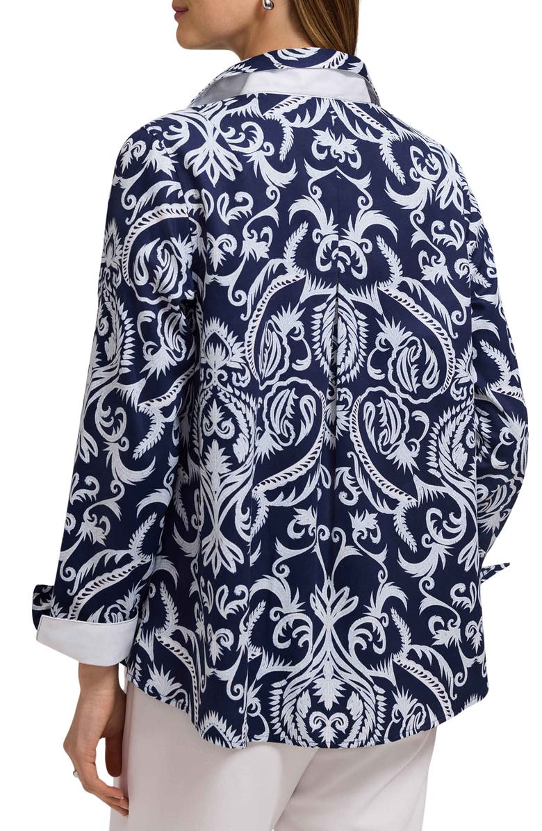 Foxcroft Agnes Florentine Damask Three-Quarter Sleeve Cotton Popover Top, Alternate, color, Navy Blue/ White
