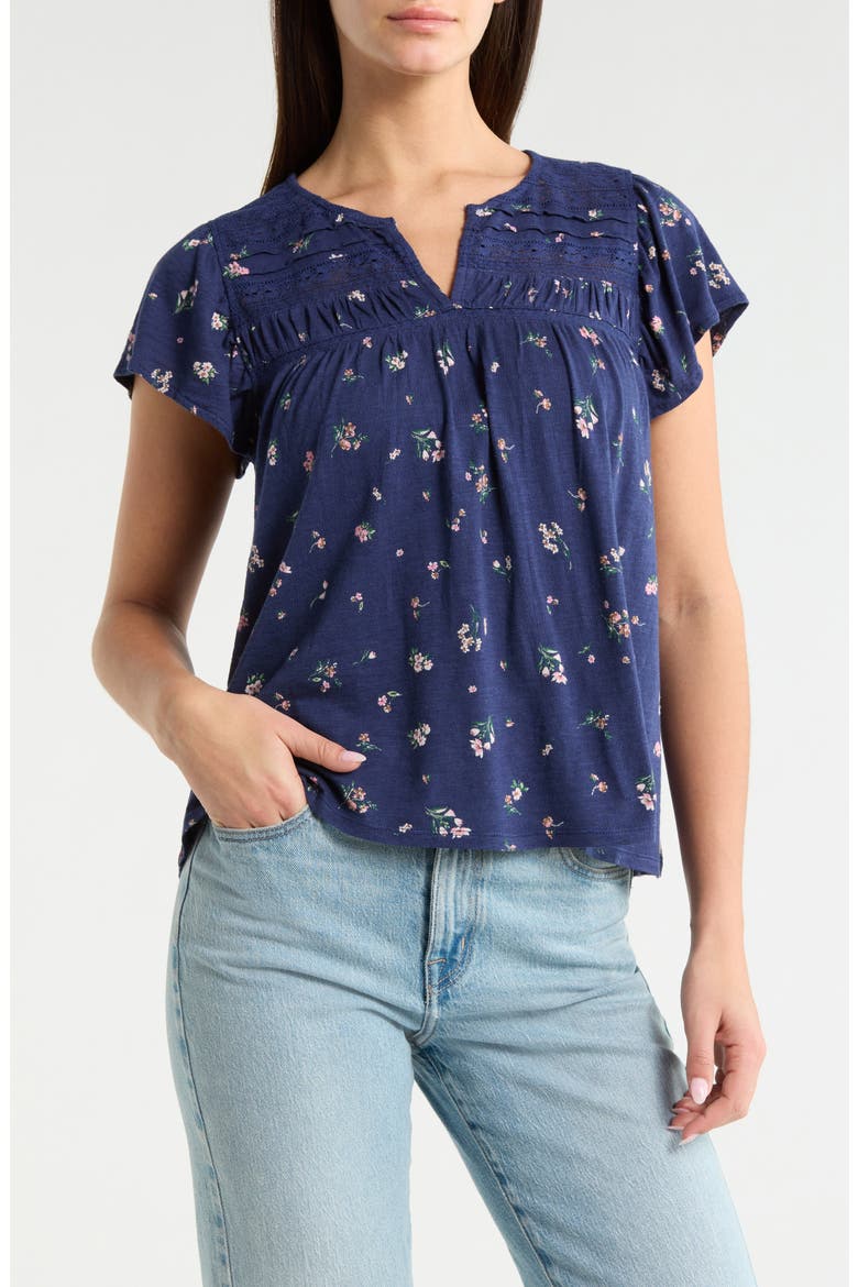 Floral Flutter Sleeve Cotton Blend Top, Main, color, NAVY FLORAL