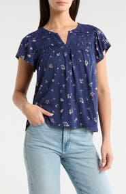 Lucky Brand Floral Flutter Sleeve Cotton Blend Top