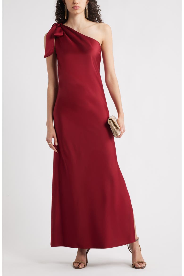 Bow One-Shoulder Maxi Dress, Alternate, color, RED GRAPE