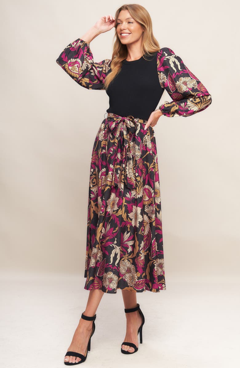 FLYING TOMATO Long Sleeve Mixed Media Fit & Flare Dress, Alternate, color, Black Magenta