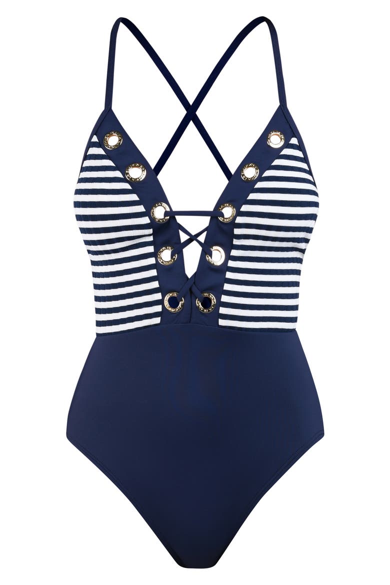 Sail Plunge One-Piece Swimsuit, Alternate, color, INDIGO