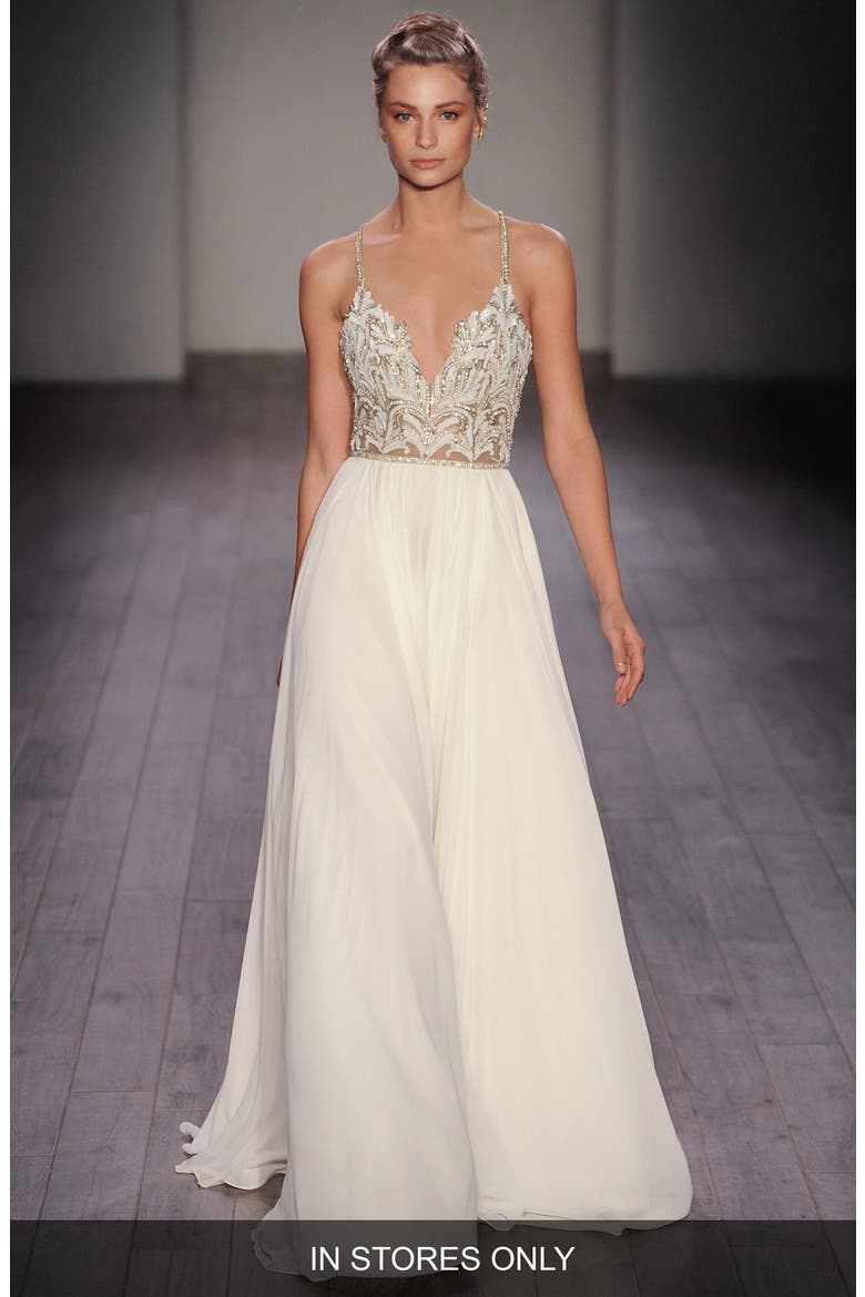 Teresa T-Strap Back Embellished Chiffon A-Line Gown, Main, color, IVORY NUDE