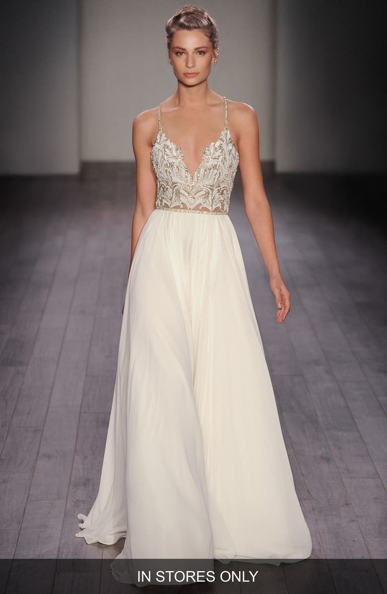 Hayley Paige Teresa T-Strap Back Embellished Chiffon A-Line Gown, Main, color,