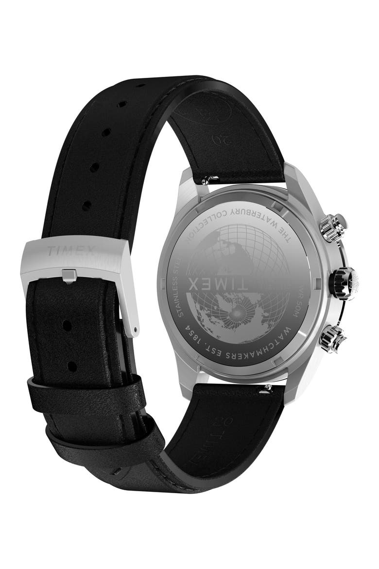 Waterbury Heritage Chronograph Leather Strap Watch, 39mm, Alternate, color, BLACK