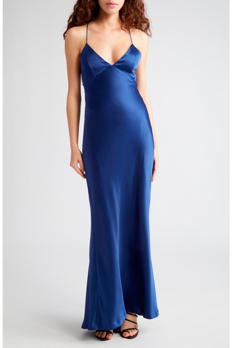 Montana Lace-Up Satin Slipdress, Main, color, AZURE