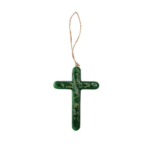 Glass Green Cross with Hanger for Home Decorations Spring Wall Art Decorative Glass Accent