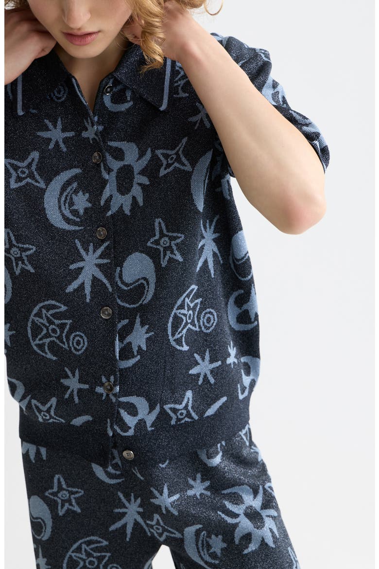 Metallic Jacquard Polo Cardigan, Alternate, color, COSMIC SKY SPACED CARBON