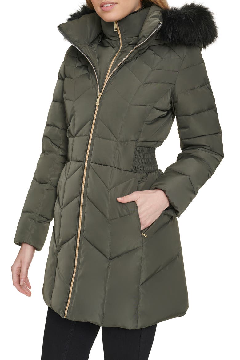 Faux Fur Trim Down & Feather Fill Hooded Jacket, Alternate, color, FOREST