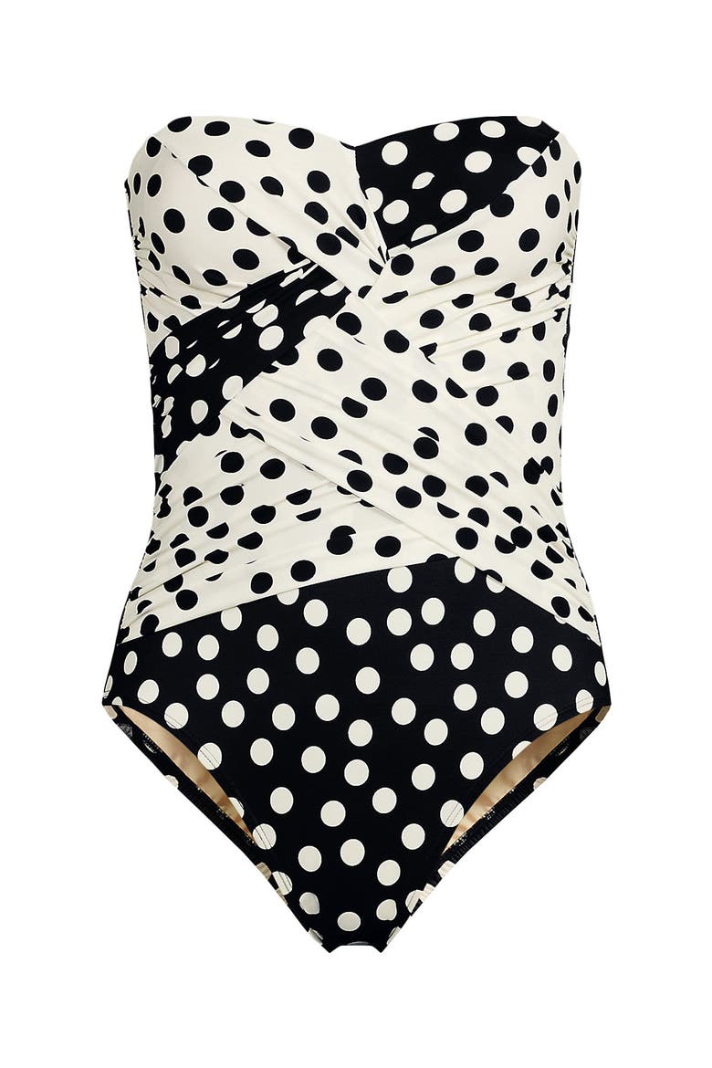 Slender Suit Shine Bandeau Tummy Control Chlorine Resistant High Leg One Piece Swimsuit, Alternate, color, Black/Egret Mixed Tossed Dots