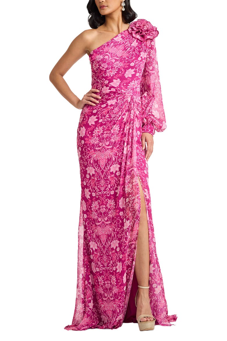 Print One-Shoulder Gown, Main, color, MAGENTA/ MULTI