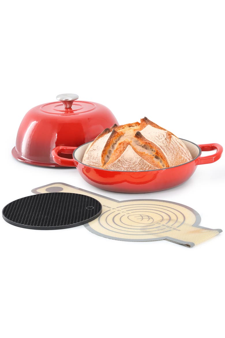 6 Quart Enameled Cast Iron Bread Pot with Baking Mat, Main, color, Red