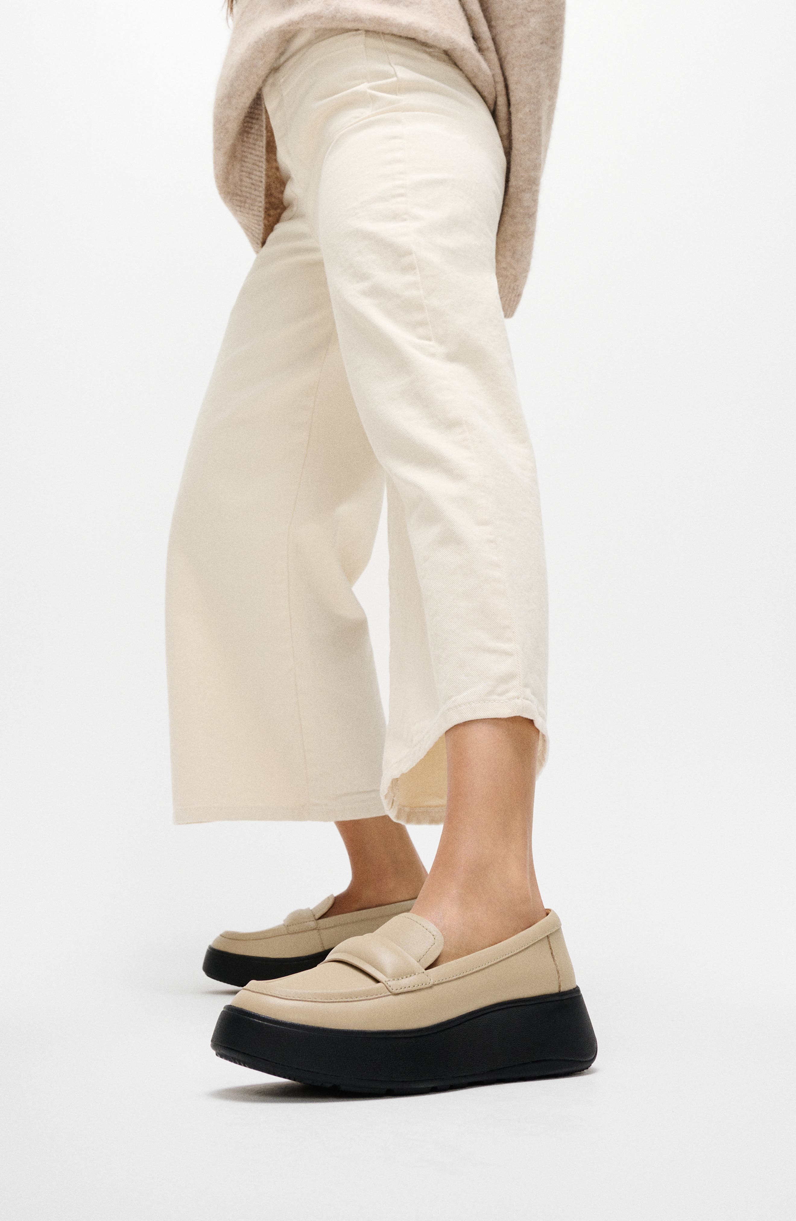 FitFlop F-Mode Padded Penny Loafer, Alternate, color, Latte Beige/ Black