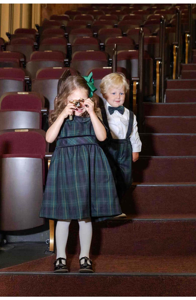 Florence Eiseman Plaid Dress With Neck Ruffle, Alternate, color, Navy, Green