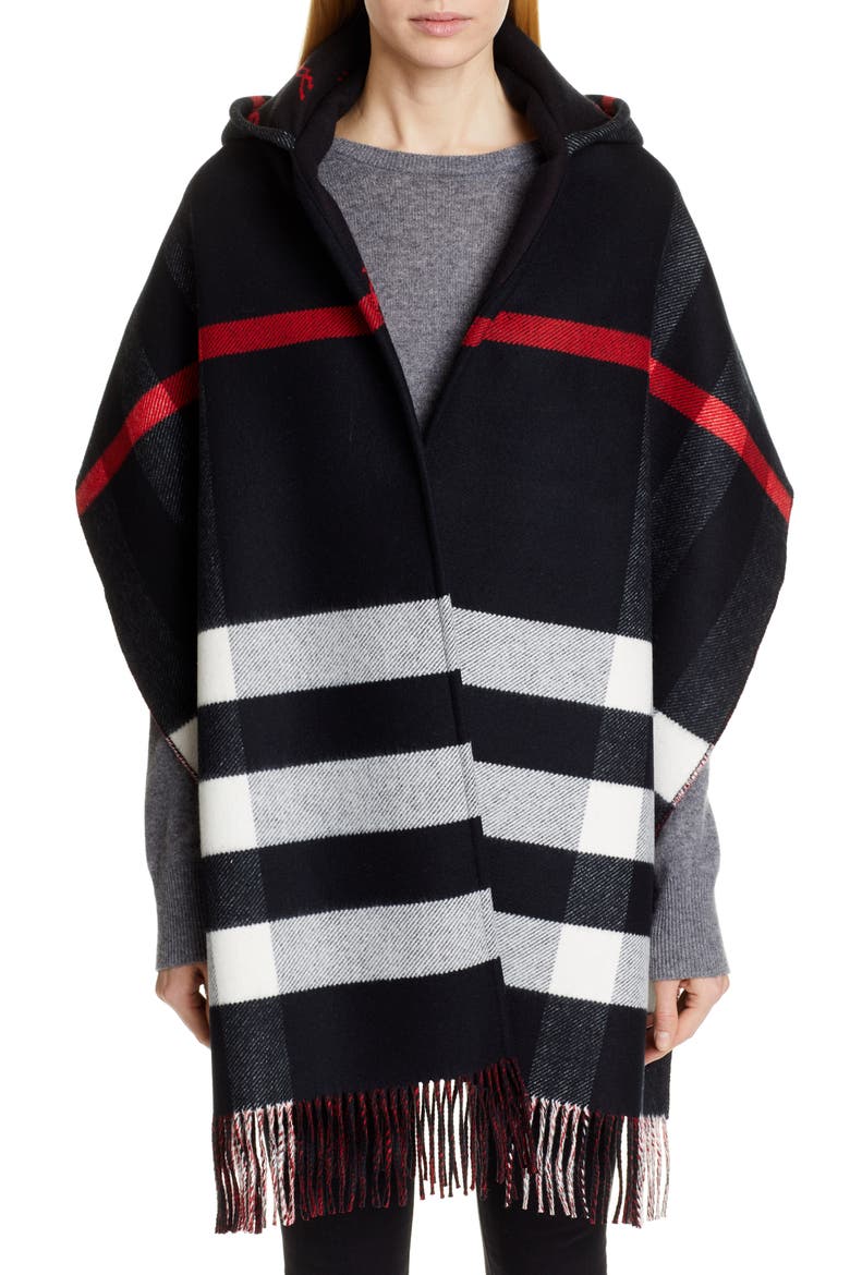 Helene Check Wool & Cashmere Hooded Wrap, Main, color, BLACK