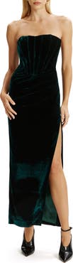 Bardot Everlasting Strapless Velour Cocktail Midi Dress