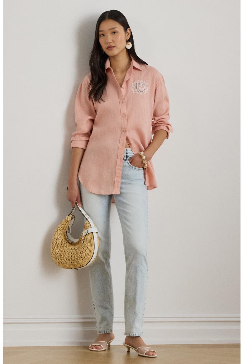 Relaxed Fit Eyelet Logo Embroidered Linen Button-Up Shirt, Alternate, color, PINK RHODONITE