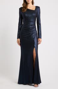 Eliza J Ruched Metallic Long Sleeve Gown