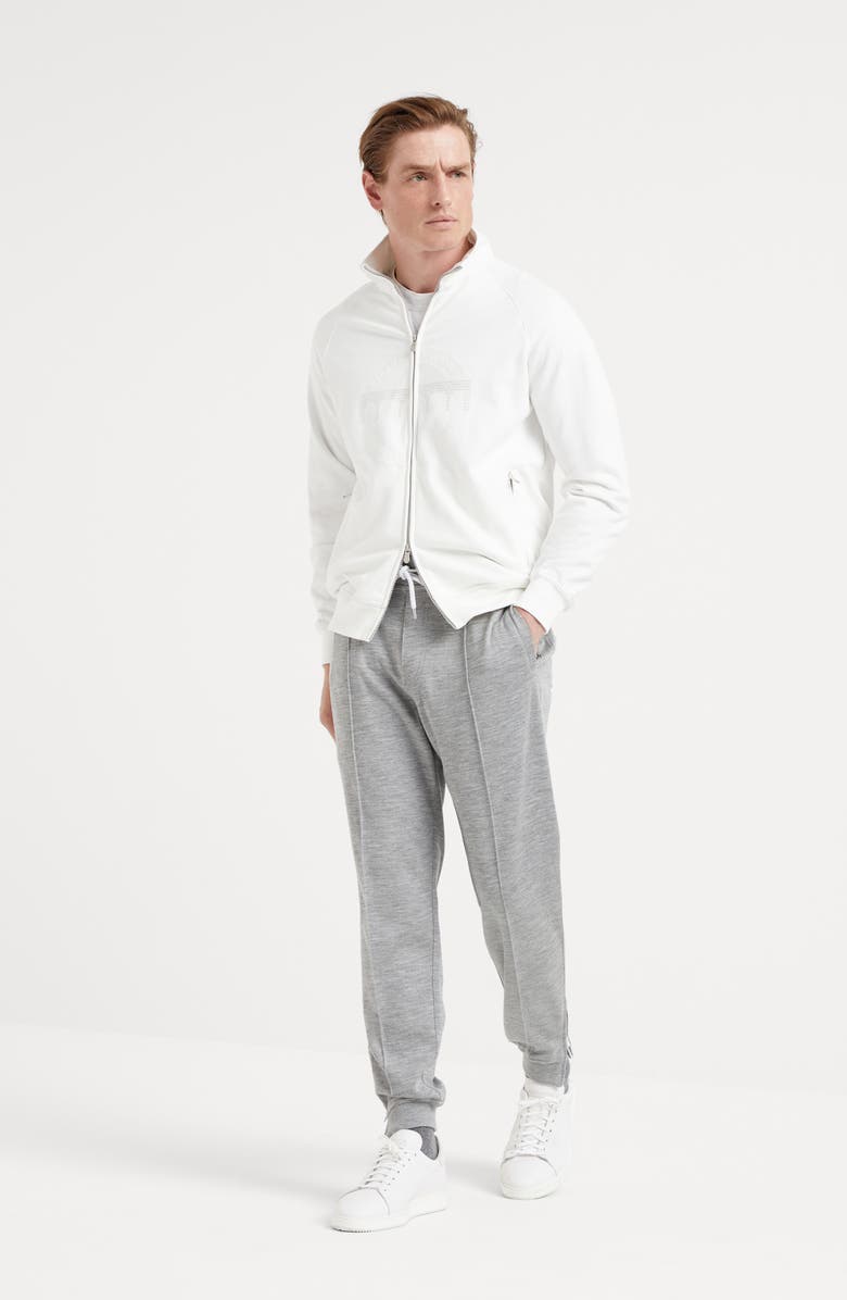 Brunello Cucinelli Cashmere and silk French terry trousers with Crête detail and elasticated zipper cuffs, Alternate, color, 