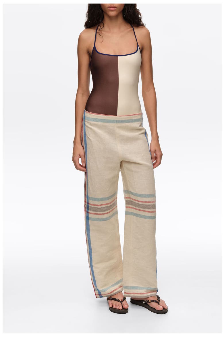 Linen Straight Ankle Length Striped Trousers, Main, color, ECRU