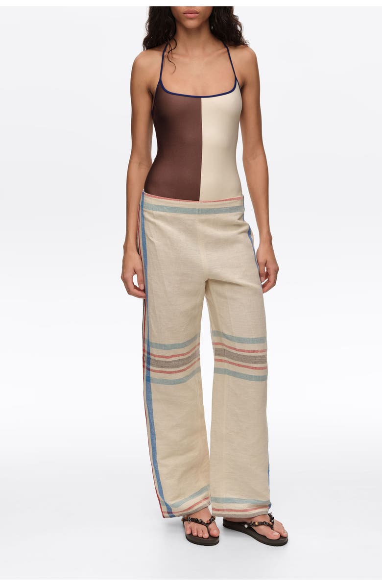 Bimba y Lola Linen Straight Ankle Length Striped Trousers, Main, color, Ecru