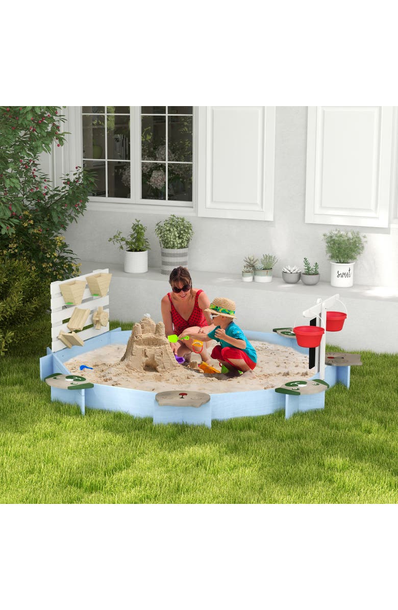 Outsunny Wooden Sandbox with 6 Seats & Water/Sand Toys, Alternate, color,