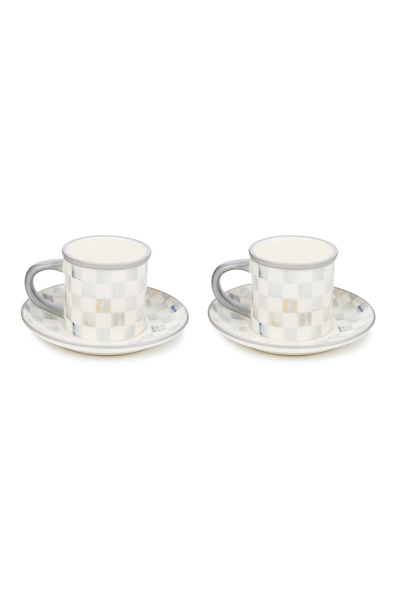 Sterling Check Set of 2 Espresso Cups & Saucers, Main, color, STERLING