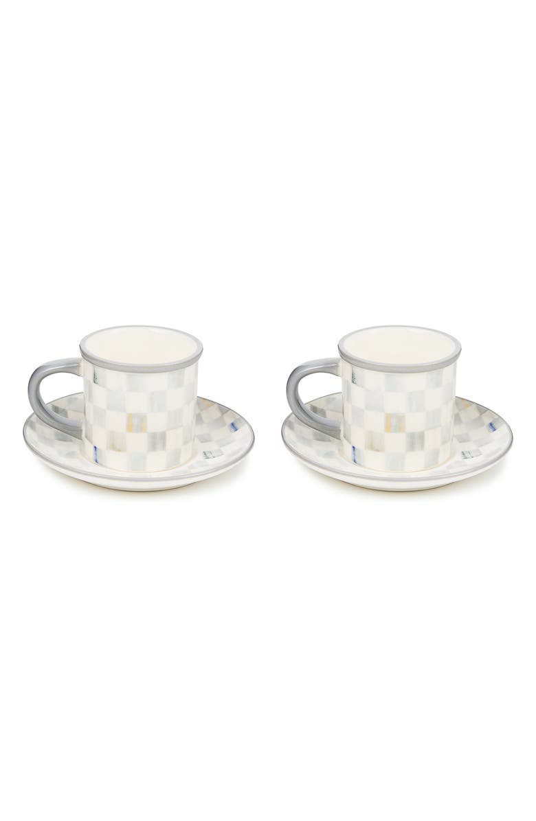 MACKENZIE CHILDS Sterling Check Set of 2 Espresso Cups & Saucers, Main, color, Sterling