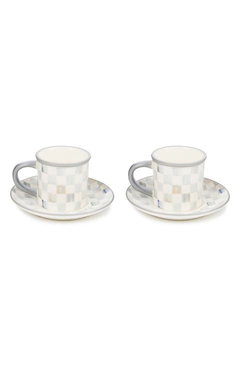 Sterling Check Set of 2 Espresso Cups & Saucers