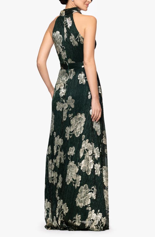 Betsy & Adam Crinkle Metallic Floral Gown In Brown