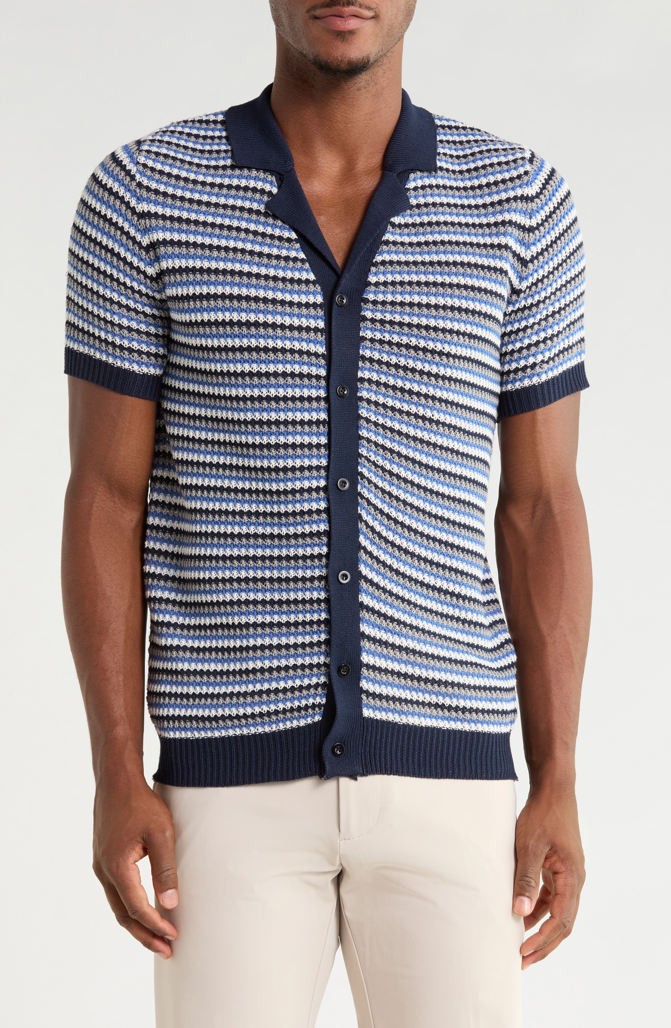 Striped Textured Knit Button Front Camp Shirt