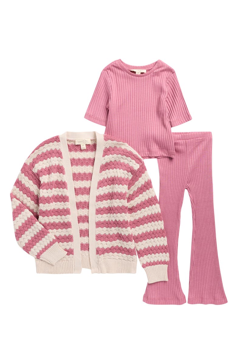 Jessica Simpson Kids' Ribbed T-Shirt, Leggings & Cardigan Set, Main, color, Mauve