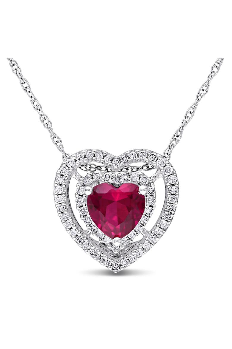 Gemstone & Diamond Halo Heart Necklace 10K, Main, color, Created Ruby