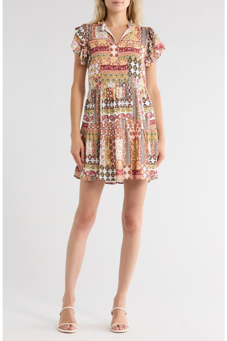 Tiered Short Sleeve Dress, Main, color, MIDNIGHT/ MUSTARD