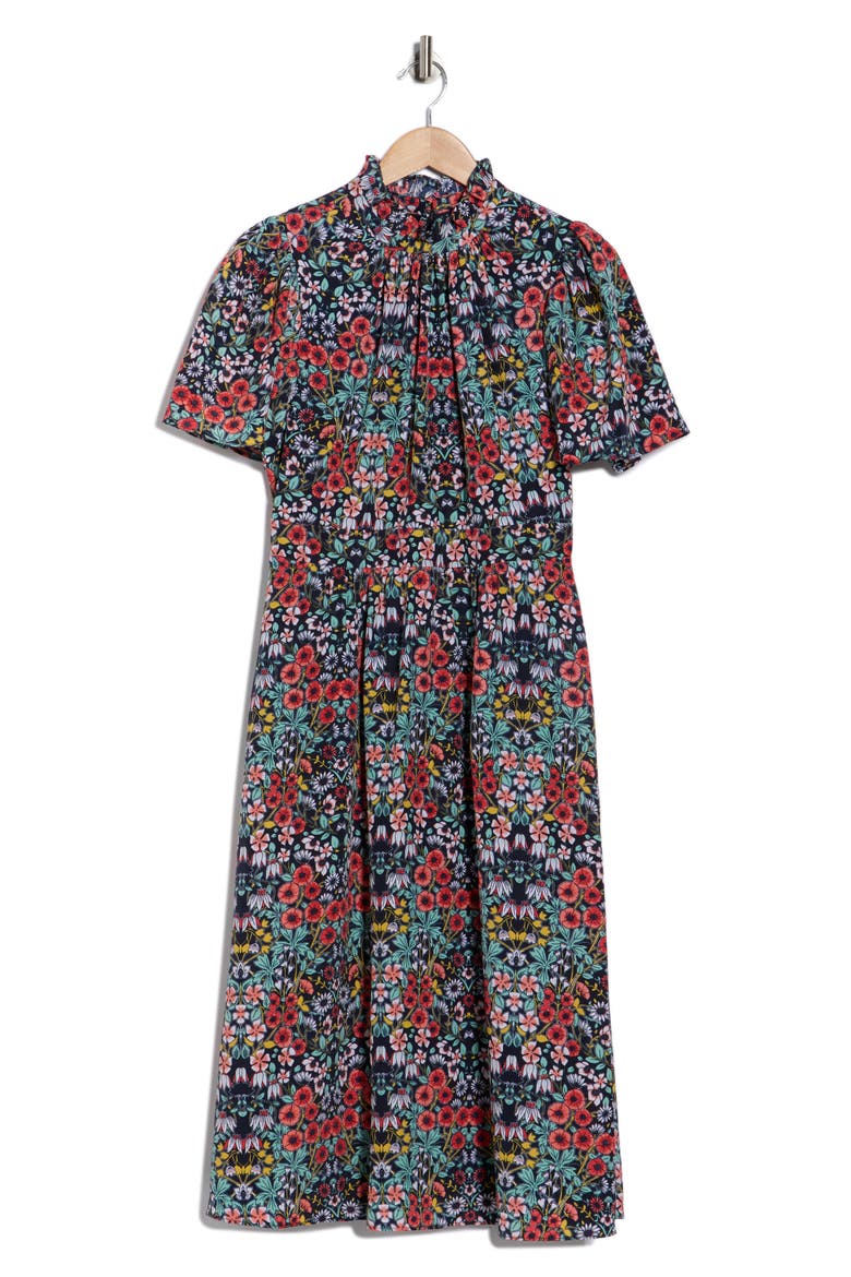 Ruffle Neck Flutter Sleeve A-Line Dress, Alternate, color, NAVY MULTI