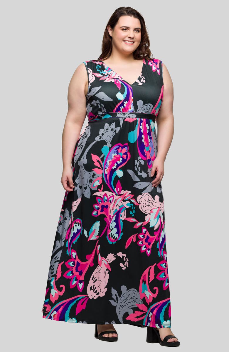 24seven Comfort Apparel V-Neck Sleeveless Maxi Dress, Alternate, color, Pink Multi