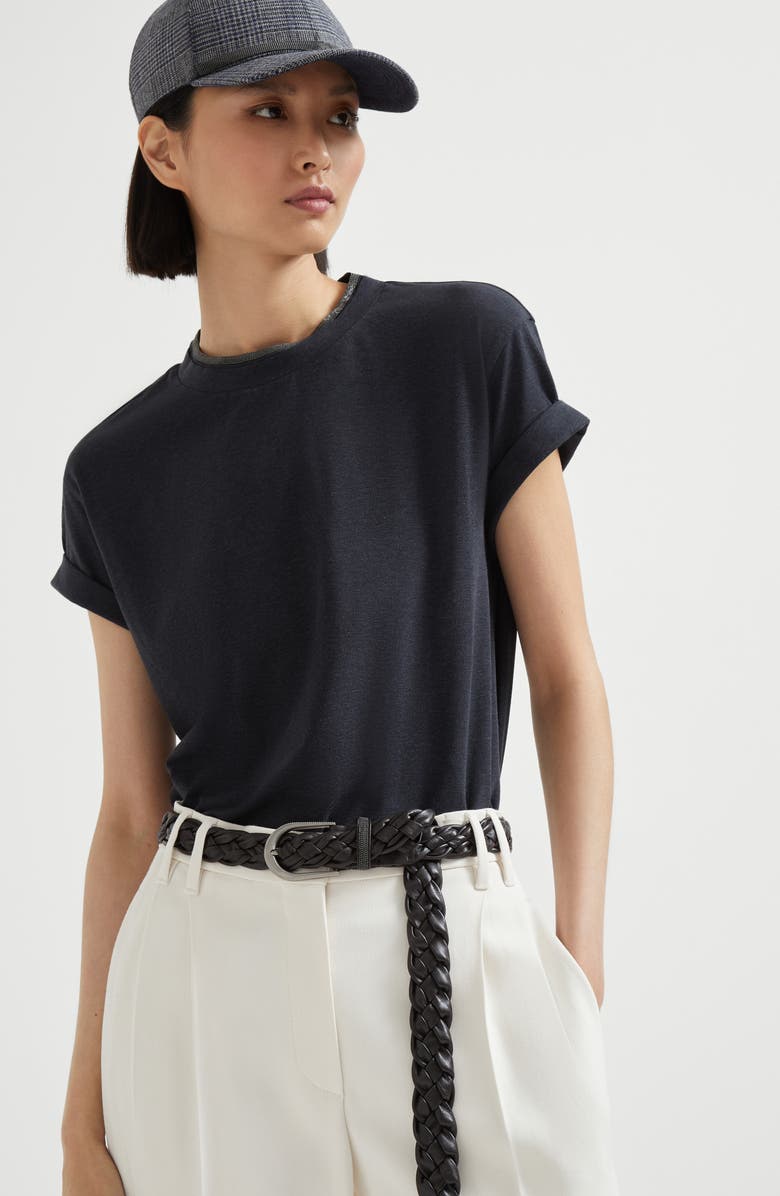 Brunello Cucinelli T-shirt with Precious Faux Layering, Alternate, color, Anthracite